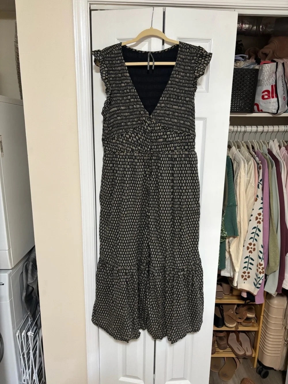 Anthropologie Peregrine Brown Patterned V-Neck Maxi Dress with Cap Sleeves - Picture 2 of 4